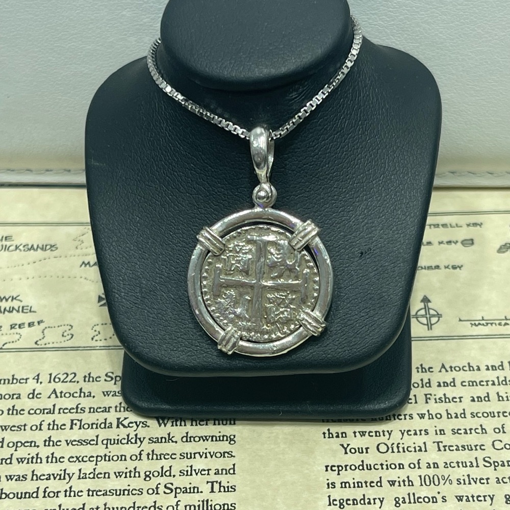 Atocha shipwreck silver coin pendant with the silver chain 20” long